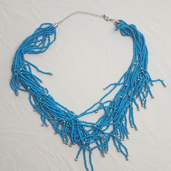 Turquoise Multi Strand Seed Bead Statement Necklace with Silver Accent Bold - Picture 2 of 6